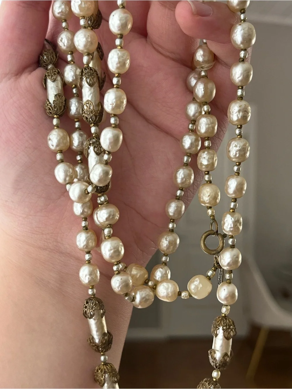 Vintage Miriam Haskell Glass Baroque Pearl Double-Layered Long Beaded Necklace